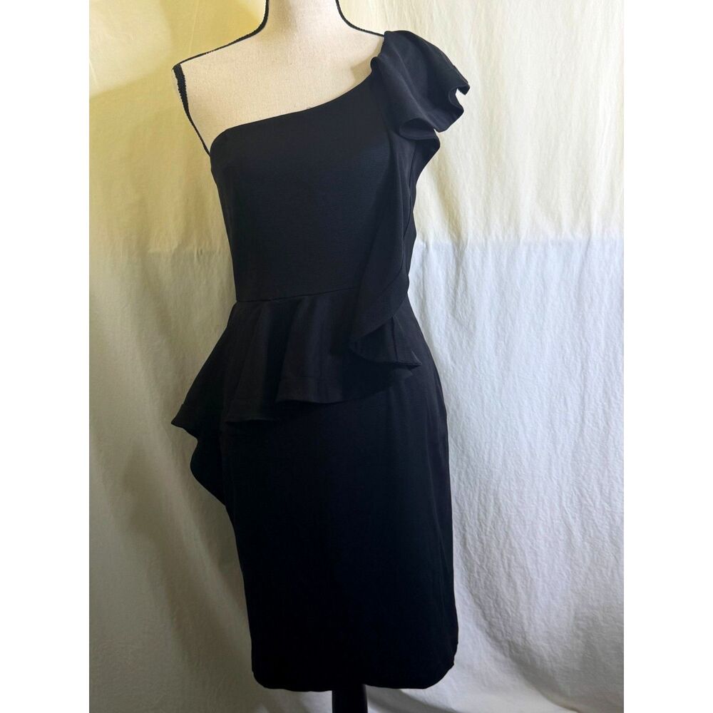White House Black Market Black One Shoulder Dress Ruffled Neckline & Waist Sz 4